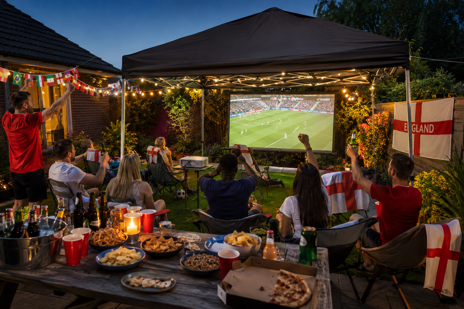 World Cup viewing party in a UK garden with pop up gazebo
