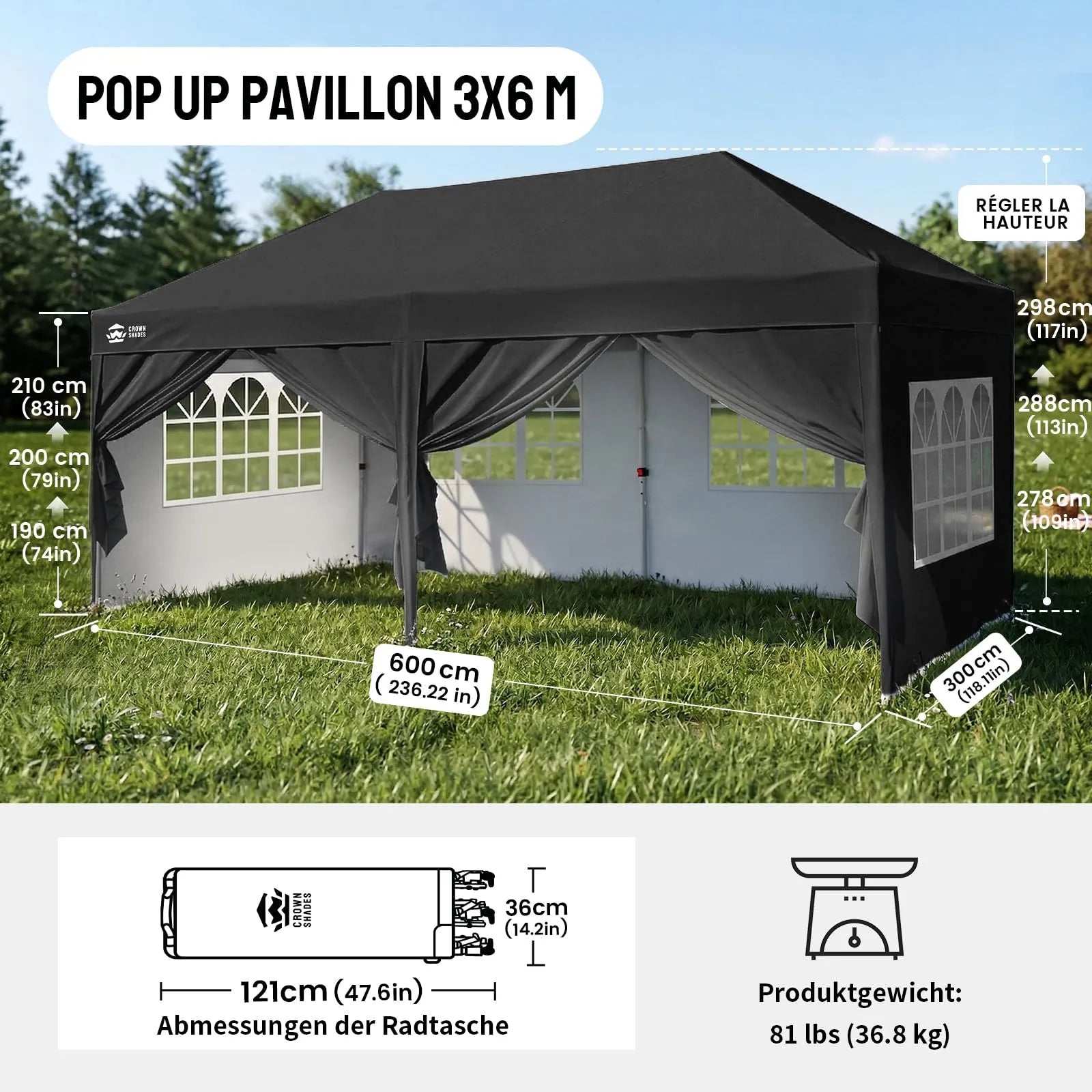 Pop-Up Pavillon 3 × 6 m – Wasserdicht & UV50+, Höhenverstellbar, inkl. 6 Seitenwände