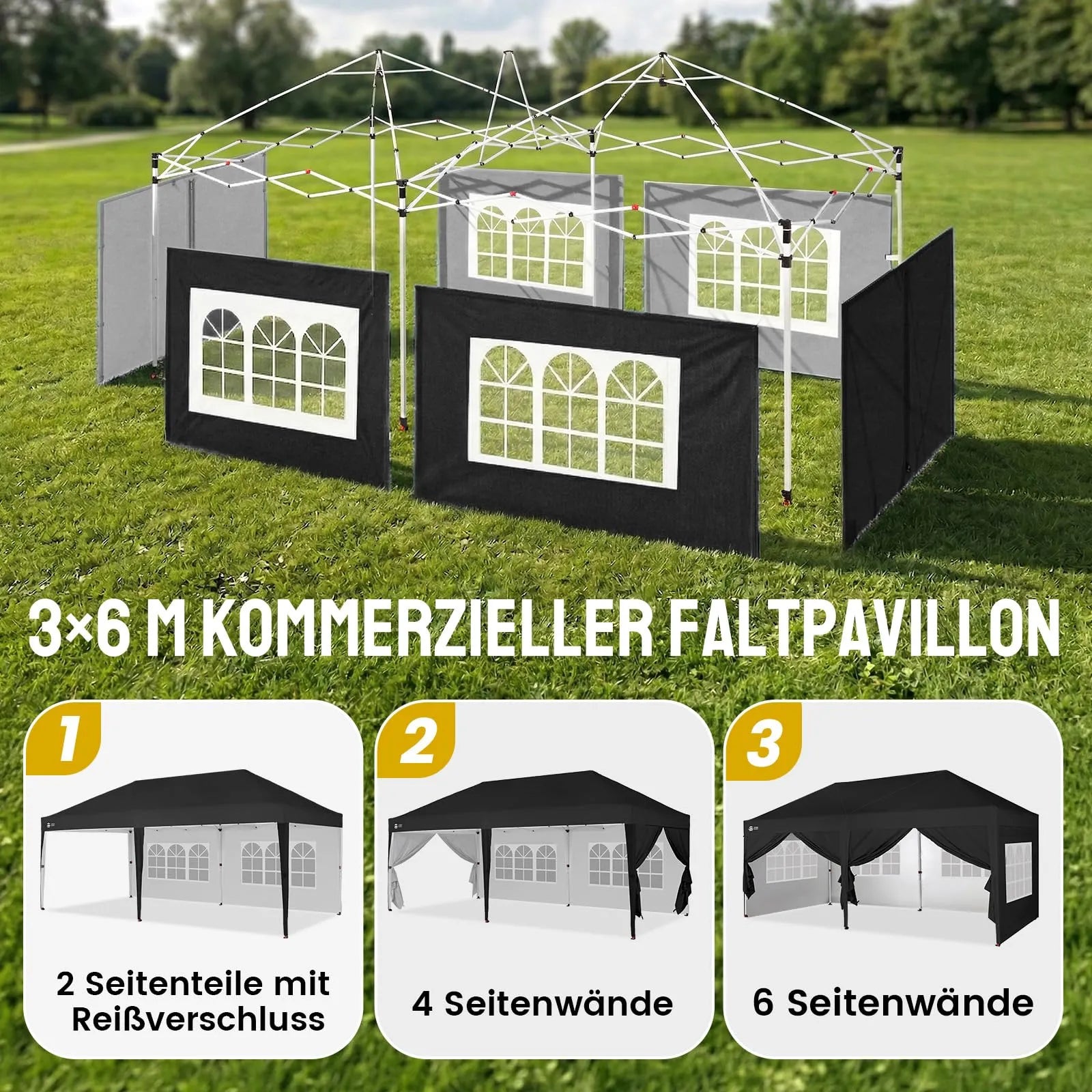 Pop-Up Pavillon 3 × 6 m – Wasserdicht & UV50+, Höhenverstellbar, inkl. 6 Seitenwände