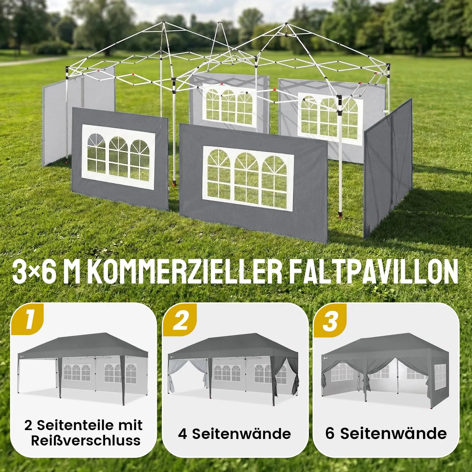 Pop-Up Pavillon 3 × 6 m – Wasserdicht & UV50+, Höhenverstellbar, inkl. 6 Seitenwände