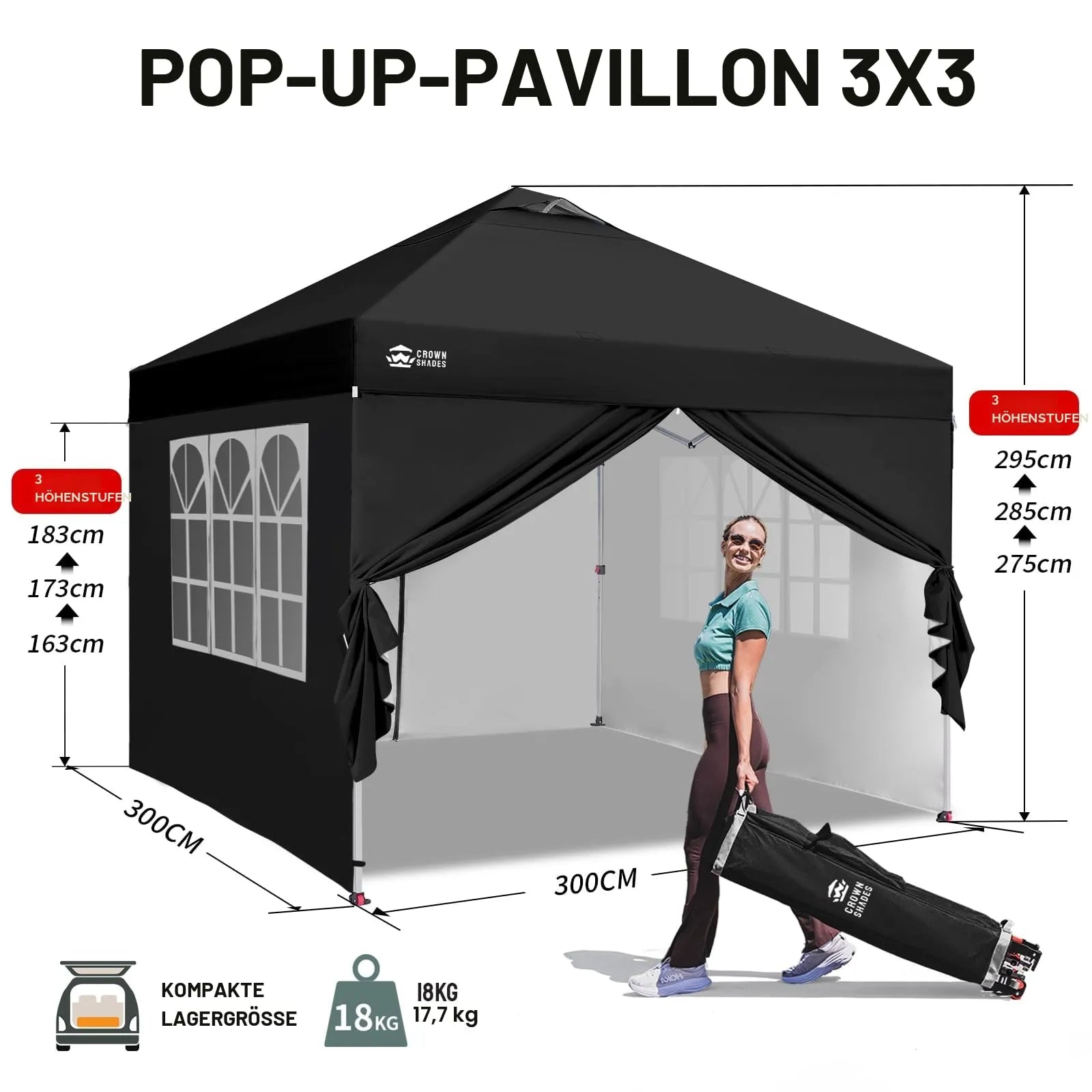 Pop-Up Pavillon 3×3 m mit 4 Seitenteilen – Wasserdicht, Stabil & Höhenverstellbar