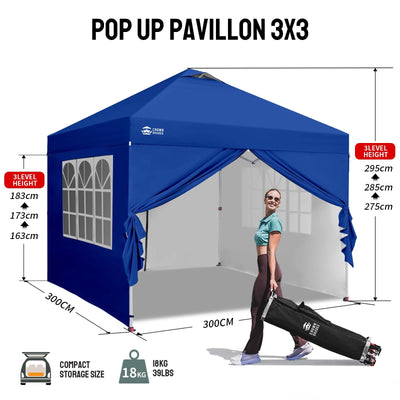 Pop-Up Pavillon 3×3 m mit 4 Seitenteilen – Wasserdicht, Stabil & Höhenverstellbar