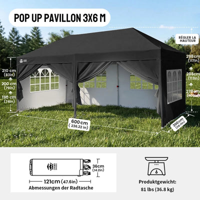 Pop-Up Pavillon 3 × 6 m – Wasserdicht & UV50+, Höhenverstellbar, inkl. 6 Seitenwände