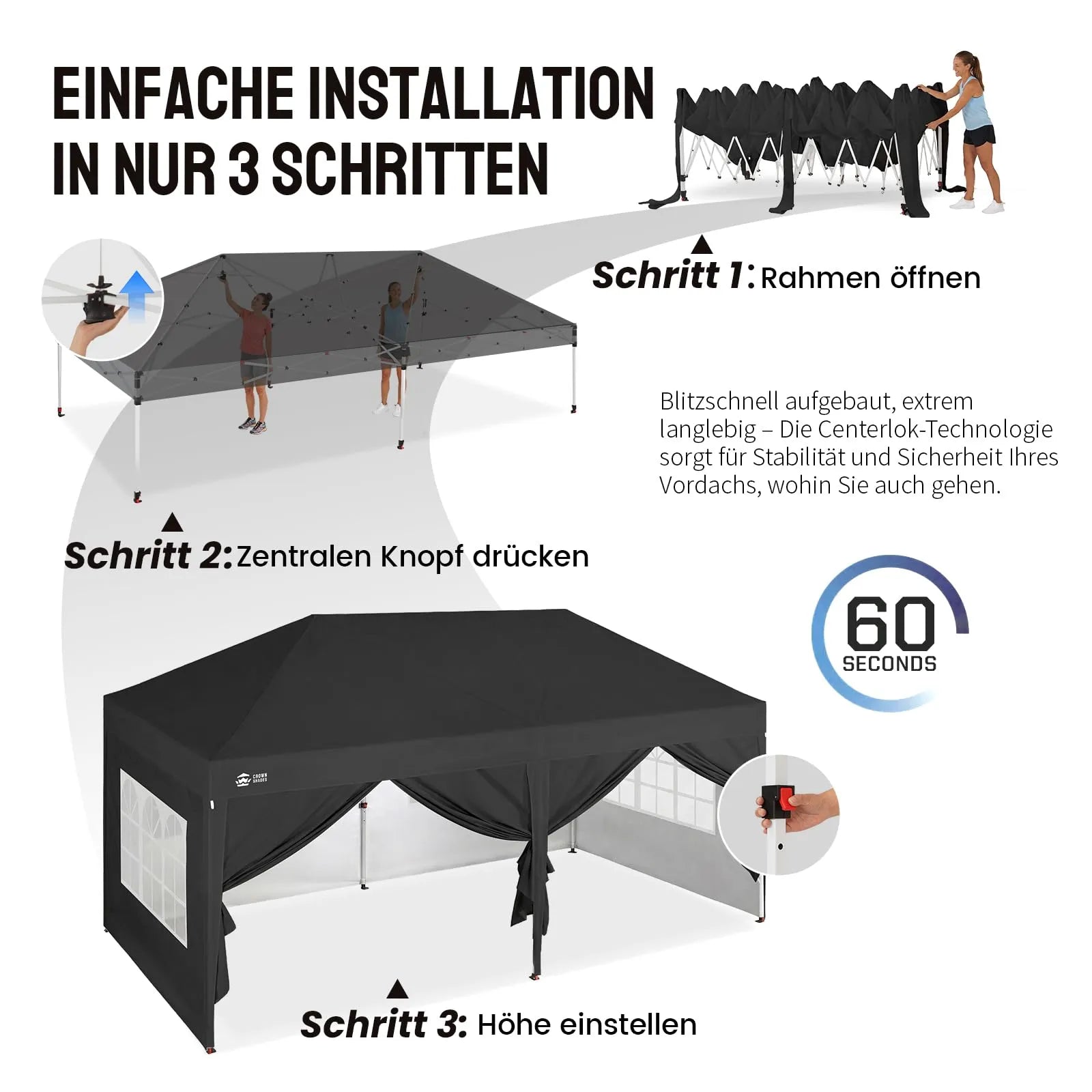 Pop-Up Pavillon 3 × 6 m – Wasserdicht & UV50+, Höhenverstellbar, inkl. 6 Seitenwände