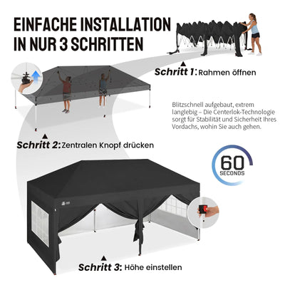 Pop-Up Pavillon 3 × 6 m – Wasserdicht & UV50+, Höhenverstellbar, inkl. 6 Seitenwände