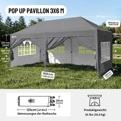 Pop-Up Pavillon 3 × 6 m – Wasserdicht & UV50+, Höhenverstellbar, inkl. 6 Seitenwände