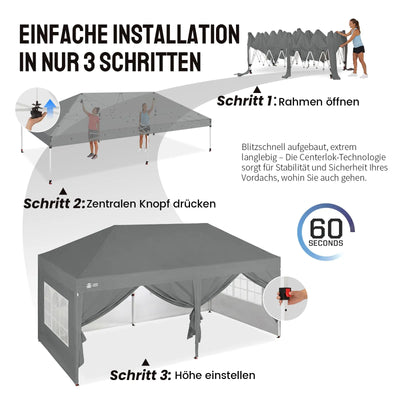 Pop-Up Pavillon 3 × 6 m – Wasserdicht & UV50+, Höhenverstellbar, inkl. 6 Seitenwände