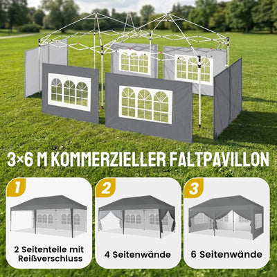 Pop-Up Pavillon 3 × 6 m – Wasserdicht & UV50+, Höhenverstellbar, inkl. 6 Seitenwände