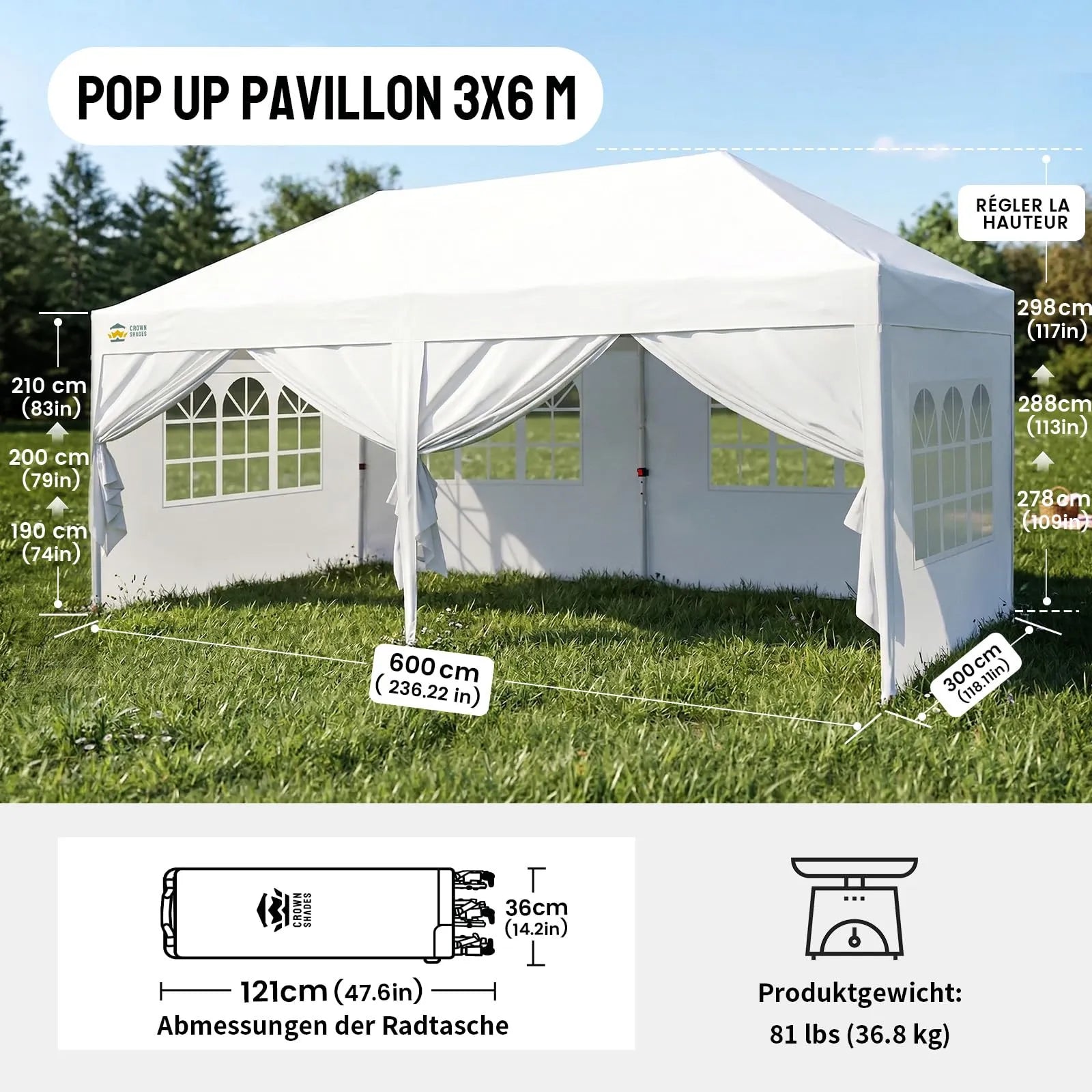 Pop-Up Pavillon 3 × 6 m – Wasserdicht & UV50+, Höhenverstellbar, inkl. 6 Seitenwände
