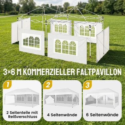 Pop-Up Pavillon 3 × 6 m – Wasserdicht & UV50+, Höhenverstellbar, inkl. 6 Seitenwände